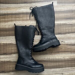 Black Wide Calf Knee-High Lace-Up Combat Boots